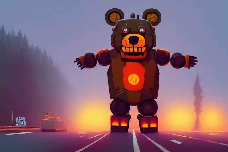 Image similar to a giant freddy fazbear robot animatronic bear in the middle of a foggy street, award - winning art by simon stalenhag, trending on artstation