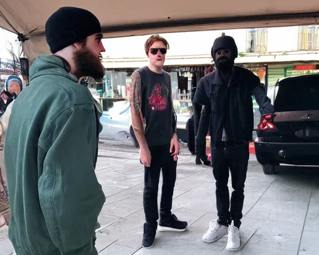 Prompt: Robert Pattinson meeting MC Ride and Zach Hill from Death Grips in a exterior cafe in france, paparazzi photo, wide angle, shot from far away