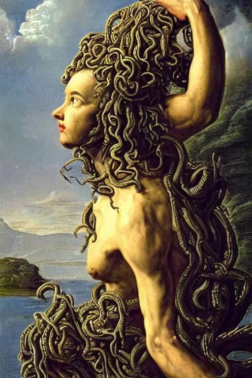 Image similar to Baroque painting of Medusa in a lake, inspired by Gustav Moreau and Wayne Barlowe, exquisite detail, hyper realism, ornate, exquisite detail, cute face