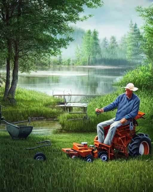 Prompt: old man in denim sat fishing in a wooded area with a john deere tractor in foreground, ultra realistic, concept art, intricate details, highly detailed