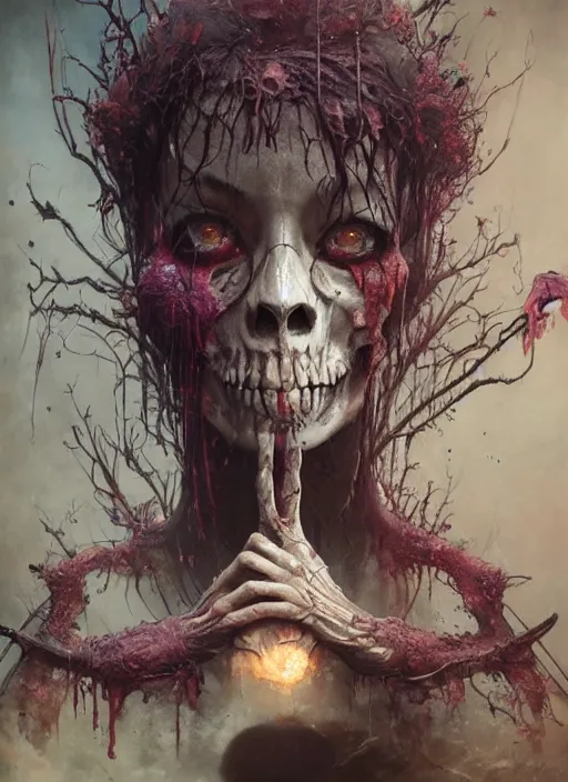 Prompt: Alice eats a cake and grows large,highly detailed,half skull face,cinematic,8k,by Stanley Artgermm,Tom Bagshaw,Greg Rutkowski,Carne Griffiths, Ayami Kojima, Beksinski, Giger,trending on DeviantArt,hyper detailed,horror, full of colour