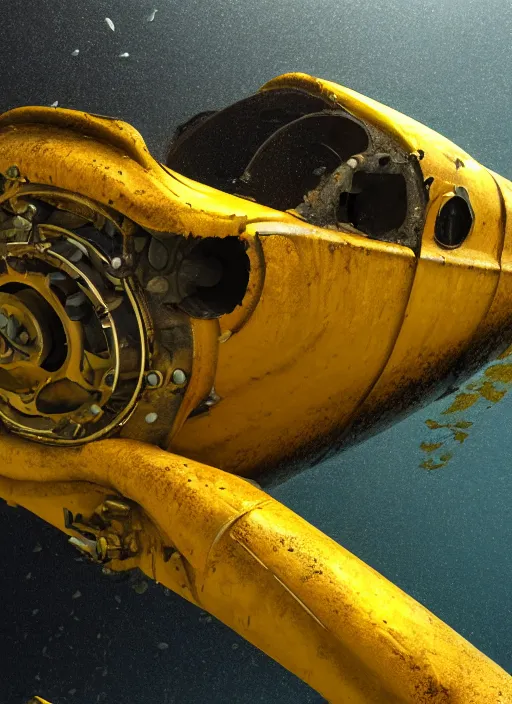 Image similar to a photorealistic dramatic hyperrealistic underwater render of an deep sea submersible, ultra realistic details, glossy yellow, well worn, rust, oil stains by vitaly bulgarov and mike nash, beautiful dramatic dark moody tones and lighting, cinematic atmosphere, global illumination, shadows, dark background, octane render, 8 k