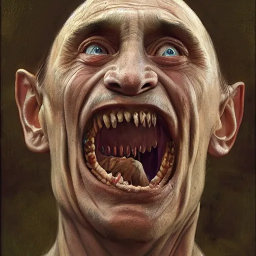 Image similar to vladimir putin, putin is bald prehistoric primate caveman, reptiloid reptile eyes, toothless, saw teeth, horror macabre face, clown nose, by donato giancola and greg rutkowski and wayne barlow and zdzisław beksinski, realistic face, digital art