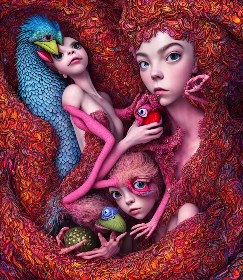 Image similar to hyper detailed 3d render like a Oil painting - kawaii portrait of lovers hugging or kissing Aurora (a beautiful girl skeksis muppet fae princess protective playful expressive acrobatic from dark crystal that looks like Anya Taylor-Joy) seen red carpet photoshoot in UVIVF posing in scaly dress to Eat of the Strangling network of yellowcake aerochrome and milky Fruit and His delicate Hands hold of gossamer polyp blossoms bring iridescent fungal flowers whose spores black the foolish stars by Jacek Yerka, Ilya Kuvshinov, Mariusz Lewandowski, Houdini algorithmic generative render, golen ratio, Abstract brush strokes, Masterpiece, Edward Hopper and James Gilleard, Zdzislaw Beksinski, Mark Ryden, Wolfgang Lettl, hints of Yayoi Kasuma and Dr. Seuss, Grant Wood, octane render, 8k