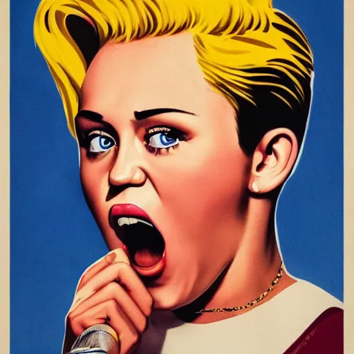 Image similar to propaganda poster, miley cyrus, close up, portrait, shouting