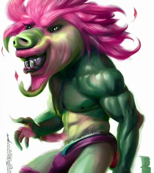 Prompt: portrait of'tomba!'with male with pink hair and green pants, attacking evil pig by ross tran, artgerm and wlop