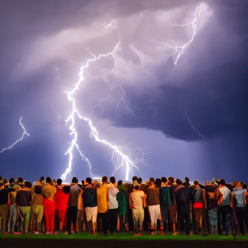 Image similar to humans praying in fear in front of a dangerous seal statue, storm clouds and lightning arcing through the sky, fire glowing and backlighting the scene, 4K photo