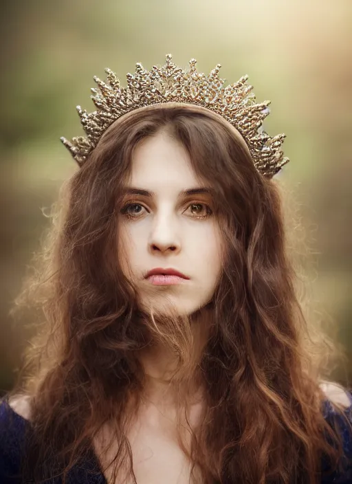 Prompt: portrait of a 2 5 year old woman, symmetrical face, dark wavey hair, wearing a royal crown, she has the beautiful calm face of her mother, slightly smiling, ambient light in nature