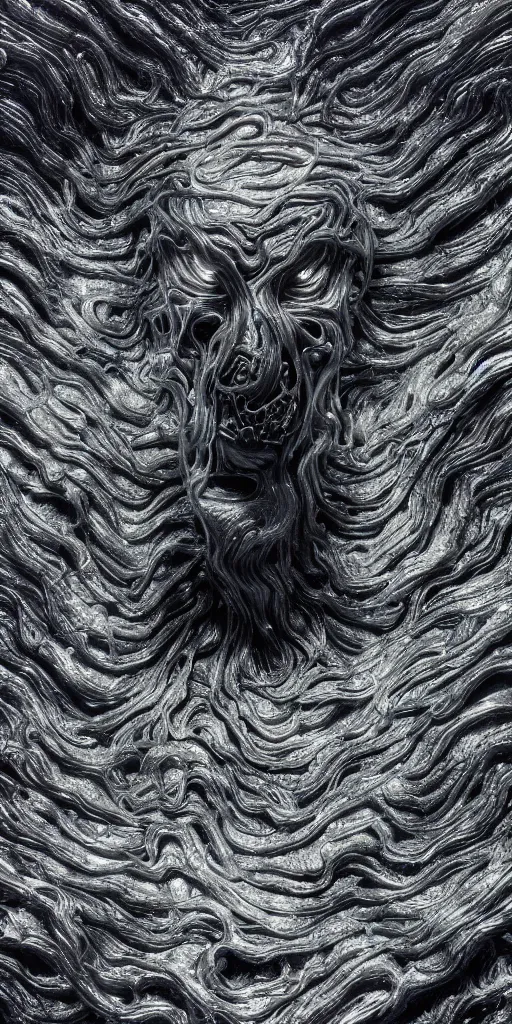 Image similar to a photorealistic render of a topographic sculpture made of melted metal and bioluminescent beings on a black background, c 4 d, by zhelong xu ouchh studio and ernst haeckel, wide angle, hyper realistic, plain black background, 8 k, volumetric lightning, octane render