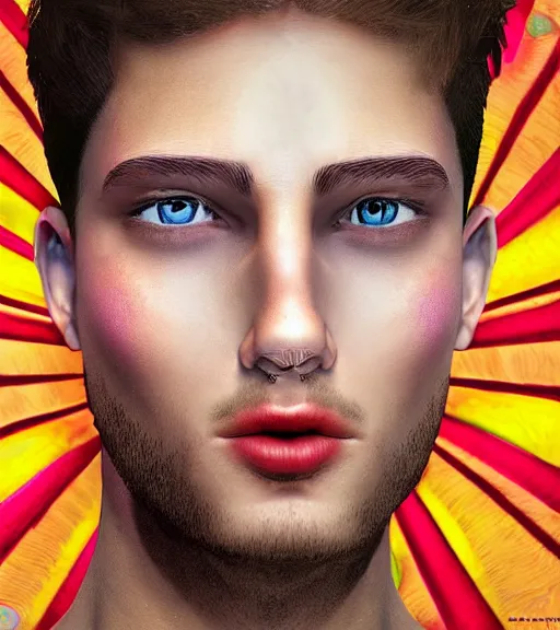 Prompt: photo realistic digital art of the most handsome young man in the world, he is seductive, beautiful and has multicoloured eyes that shine. very colourful background