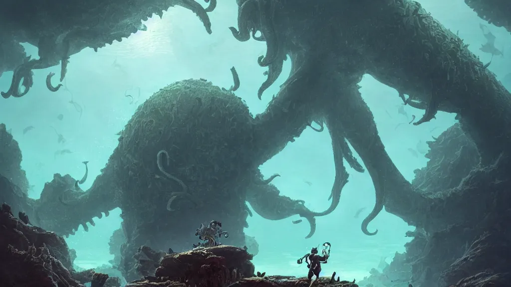 Image similar to A diver is under the sea, he has a treasure with him, he is swimming away from the giant Cthulhu that is behind hunting him, this is an extravagant planet with wacky wildlife and some mythical animals, the background is full of ancient ruins, the ambient is dark with a terrifying atmosphere, by Jordan Grimmer digital art, trending on Artstation,