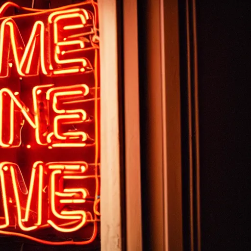 Prompt: Vintage neon sign that spells MEMEME, hung above the door, late summer evening, long exposure, 35mm f8