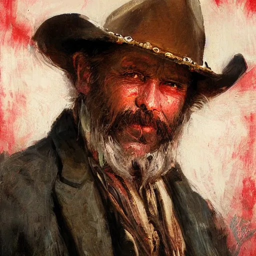 Image similar to Solomon Joseph Solomon and Richard Schmid and Jeremy Lipking victorian genre painting portrait painting of a old rugged cowboys gunfighter old west character in fantasy costume, red background