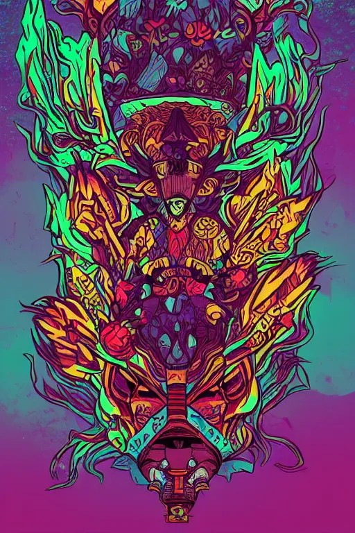 Image similar to animal mask totem roots flower tribal feather gemstone plant wood rock shaman vodoo video game vector cutout illustration vivid multicolor borderlands comics by josan gonzales and dan mumford radiating a glowing aura