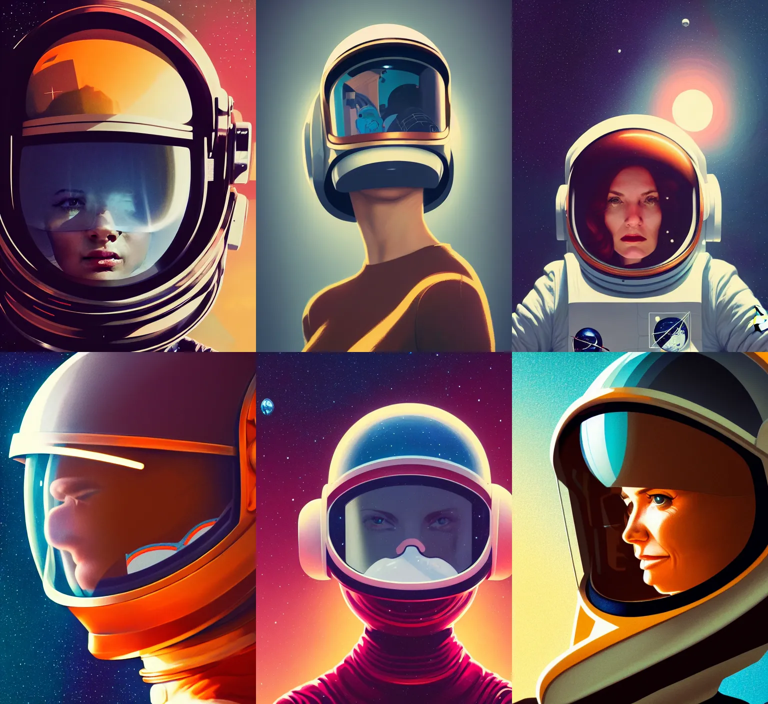 Prompt: close up portrait of a woman wearing an astronaut helmet, retrofuturistic, space graphics art in background, quint buchholz, wlop, dan mumford, artgerm, liam brazier, peter mohrbacher, raw, trending on artstation, octane render, cinematic, elegant, intricate, 8 k