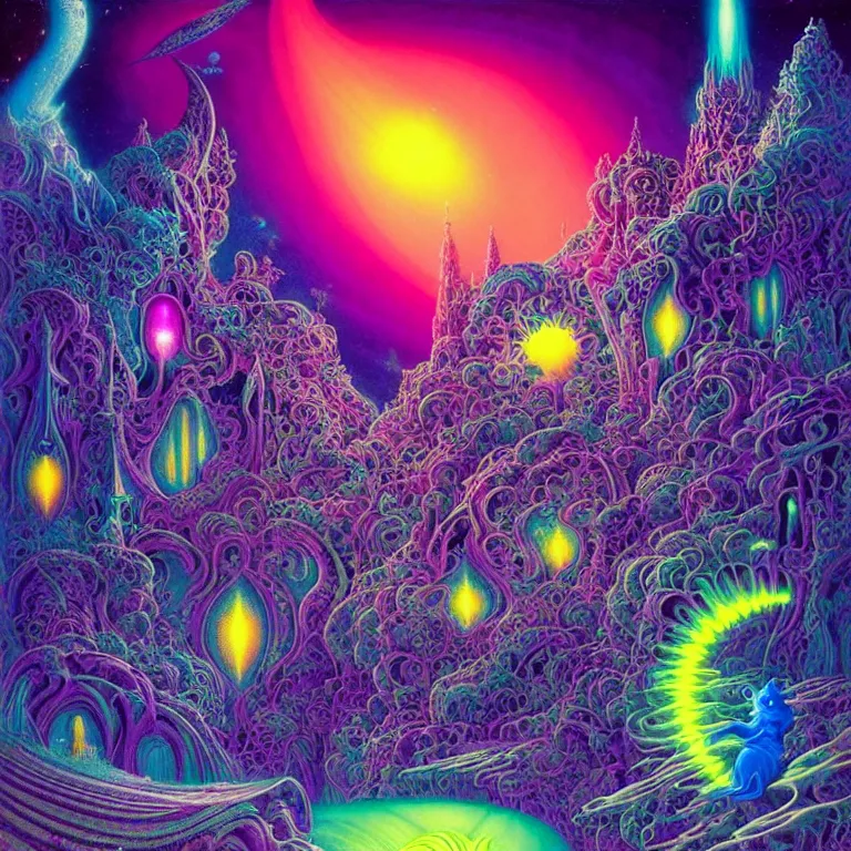 Prompt: mysterious cosmic kitten hovering over haunted mystical temple, infinite hallucinogenic fractal waves, # f 2 2 2 ff # 8 c 1 eff synthwave, bright neon colors, highly detailed, cinematic, eyvind earle, tim white, philippe druillet, roger dean, ernst haeckel, lisa frank, aubrey beardsley, kubrick, louis wain