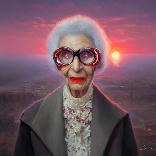 Image similar to portrait of iris apfel, sunset, gorgeous view, depth, painted by seb mckinnon, high detail, digital art, painted by greg rutkowski, trending on artstation