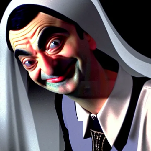 Image similar to mr. bean as madonna. movie still. cinematic lighting.