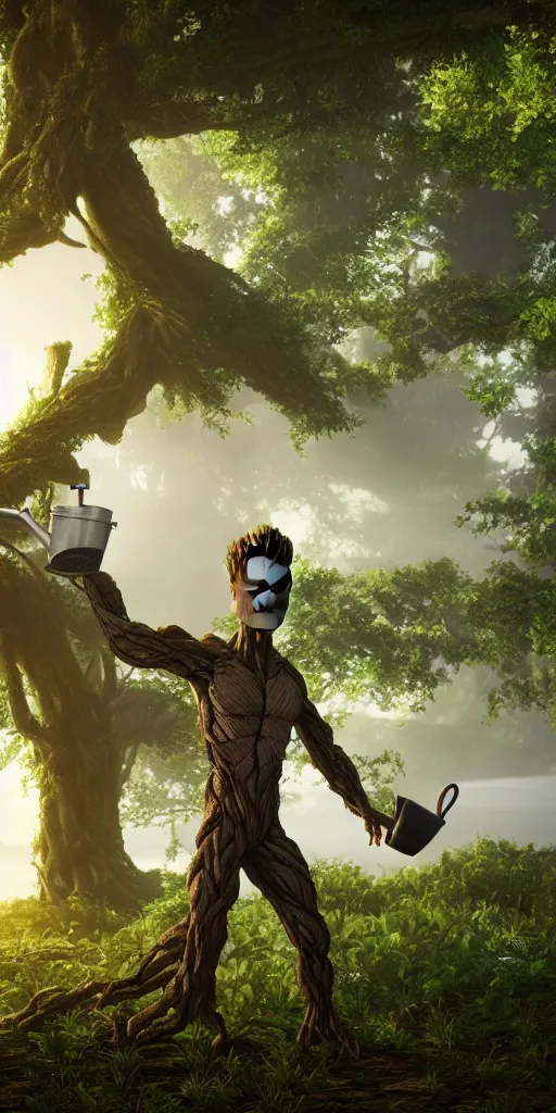 Prompt: photorealistic wide shot of Groot waters himself with a watering can, octane render, unreal engine 4k, volumetric light, fog, detailed