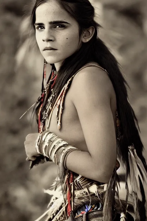 Image similar to Photo of Native American indian woman Emma Watson, portrait, skilled warrior of the Apache, ancient, realistic, detailed, Emma Watson