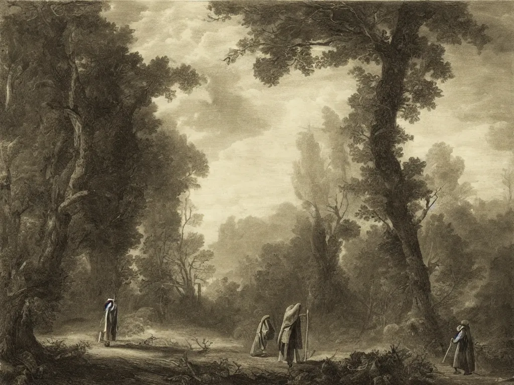 Image similar to a man in a grey cloak and brimmed hat with a staff travelling trough the forest with a wooden cabin in the distance in the style of neo-romanticism