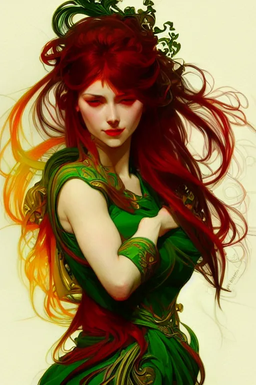 Image similar to green red yellow, dark fantasy, intricate, elegant, highly detailed, digital painting, artstation, concept art, matte, sharp focus, illustration, art by artgerm and alphonse mucha