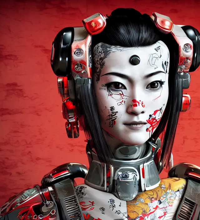 Image similar to an epic fantastic realism comic book style portrait painting of a japanese robotic geisha with kanji tattoos and decals, apex legends, octane render, intricate detail, 4 k hd, unreal engine 5