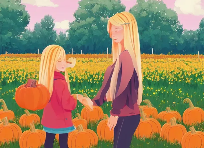 Image similar to little girl with long blonde hair and her mother visiting a pumpkin patch. clean cel shaded vector art. shutterstock. behance hd by lois van baarle, artgerm, helen huang, by makoto shinkai and ilya kuvshinov, rossdraws, illustration, art by ilya kuvshinov