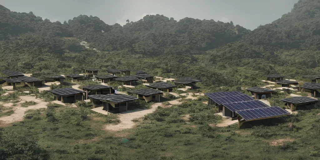 Prompt: hypermodern offgrid village with solarpanels integrated in nature, forte gimenes marcondes ferryz arquitetos detailed, octane render, photo realism, 3D, ray tracing, photo realism