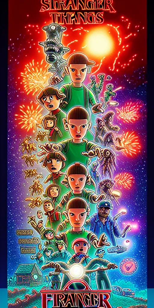 Image similar to animated version of Futurama Stranger Things poster by Matt Groening, cartoon, detailed faces, high resolution, hyper detailed, intricate, illustrated, dramatic lighting !n-9