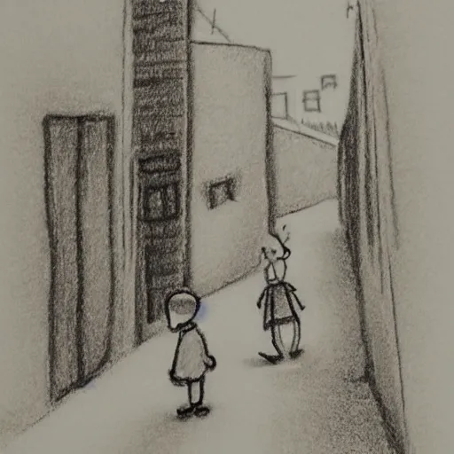 Prompt: humorous minimalistic pencil drawing of little nicholas walking along a lonely village street, similar pencil drawing in the book le petite nicolas, by jean - jacques sempe, by rene goscinny