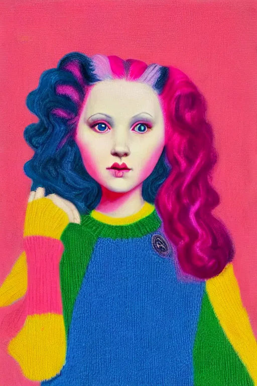 Prompt: an portrait of a girl with pink hair wearing a bright colorful retro sweater, evokes chrysalism painting by mark ryden, and lisa frank