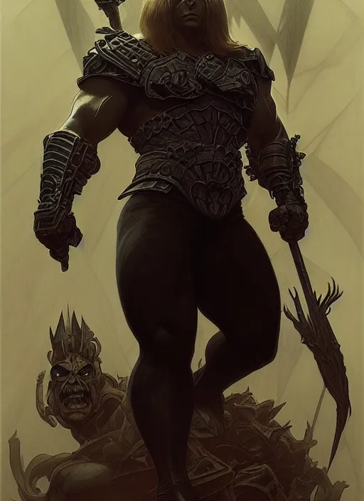 Image similar to uncut full body portrait of dark and mysterious and eerie and ominous he - man, cinematic, epic, highly detailed, intricate, sharp details, illustration, artwork by artgerm and greg rutkowski and alphonse mucha