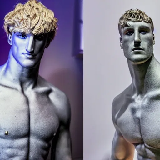 Image similar to a realistic detailed photo of a guy who is an attractive humanoid who is half robot and half humanoid, who is a male android, boxer and youtuber logan paul, shiny skin, posing like a statue, blank stare, at the museum, on display