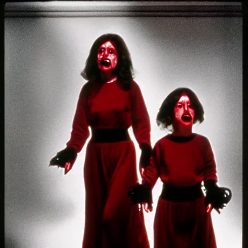 Prompt: a 1 9 8 2 cinematic horror movie with twins dressed in red with giant black flowing hair