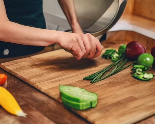 Prompt: ( 9 0 degrees fov, first person point of view )!!!!! of me!!!!! chopping vegetables on a chopping board