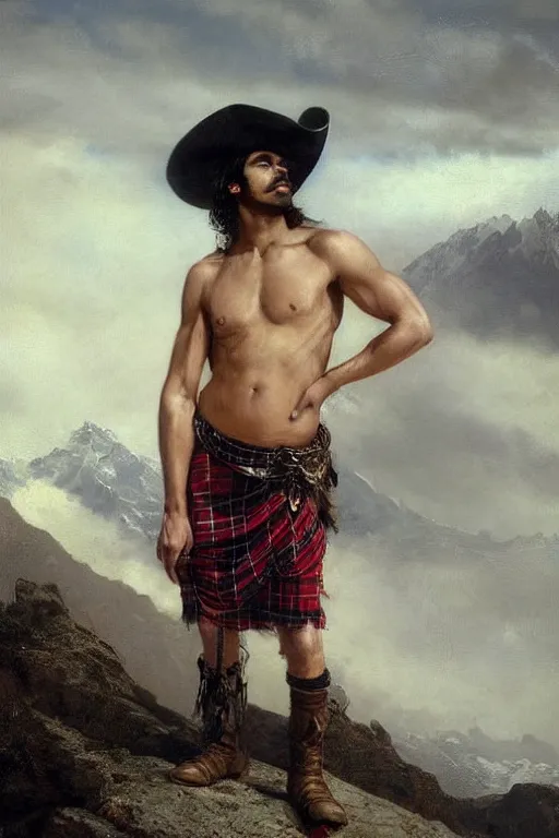 Prompt: a homoerotic portrait by greg rutkowski and albert bierstadt of a young shirtless handsome! indian mountaineer on a mountain peak | he is wearing a revealing tartan kilt, cowboy hat, and leather boots | background is snowy mountains and clouds | detailed face, dramatic, ethereal, dreamlike | trending on artstation