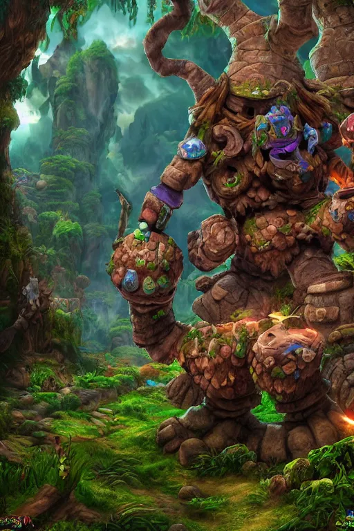 Image similar to zelda fantasy art giant golem troll wood rock greeble gemstone enchanted forest, global illumination ray tracing hdr fanart arstation by sung choi and eric pfeiffer and gabriel garza and casper konefal bastion forged hardmesh lisa frank zbrush central radiating a glowing aura global illumination ray tracing hdr