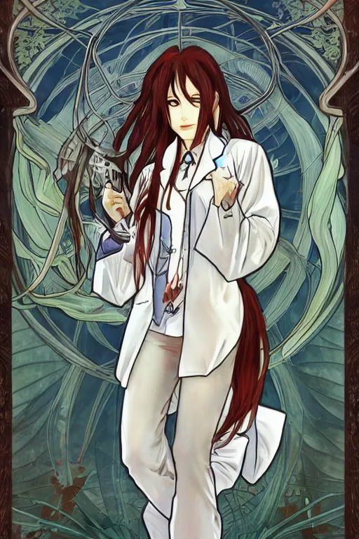 Image similar to Kurisu Makise in long lab coat tonemapped in the style of Ayami Kojima and Alphonse Mucha