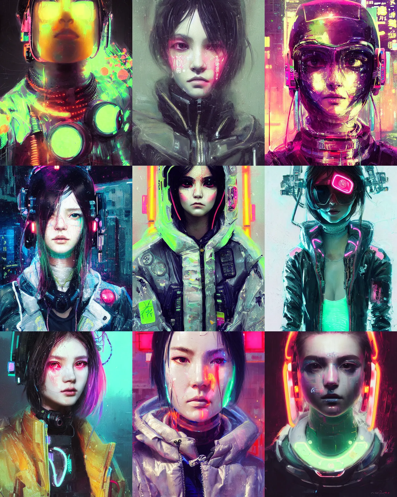 Prompt: detailed portrait neon operator girl, cyberpunk futuristic, neon, reflective puffy coat, decorated with traditional japanese by ismail inceoglu dragan bibin hans thoma ruan jia alexandros pyromallis nekro rene margitte, illustrated, perfect face, fine details, realistic shaded, fine - face, pretty face. by ruan jia