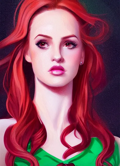 Image similar to full body portrait of teenage cheryl blossom, bangs, green eyes, sultry expression, red hair, sultry smirk, bangs and wavy hair, pink skirt, intricate, elegant, glowing lights, highly detailed, digital painting, artstation, concept art, smooth, sharp focus, illustration, art by wlop, mars ravelo and greg rutkowski