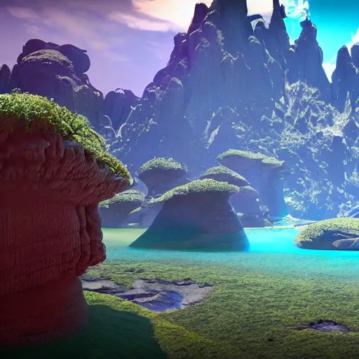 Prompt: alien architecture with curved buildings on alien planet with mountains and craters and lakes 4k detailed colorful magical realism unreal engine