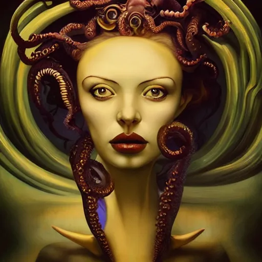 Image similar to dynamic composition, a painting of a sorcerer with hair of octopus tentacles and sea weed, a surrealist painting by tom bagshaw and jacek yerga and tamara de lempicka and jesse king, featured on cgsociety, pop surrealism, surrealist, dramatic lighting, ornate gilded details