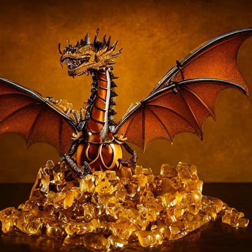 Image similar to a dragon made of honey in an apothecary. the dragon is transparent. you can see light shining through the wings. honey is dripping everywhere. the background is cluttered. sigma 85mm f11, rim light, studio lighting, 8k