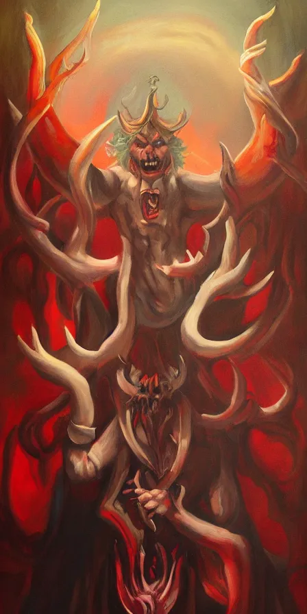 Prompt: a painting of a satanic demonic terrifying man with giant devil horns and long dark blonde hair singing on stage, artstation