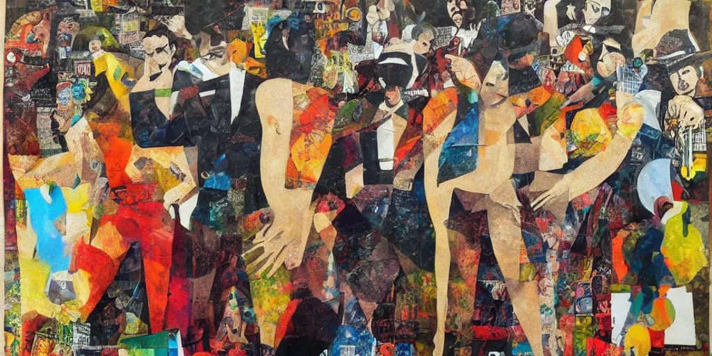 Image similar to gangsters, collage, acrylic on canvas, expressionism movement, breathtaking detailed, by blake neubert