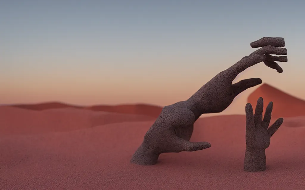 Prompt: sci-fi scene of a HAND sculpture made of silicone, standing at the center of a desert in the twilight