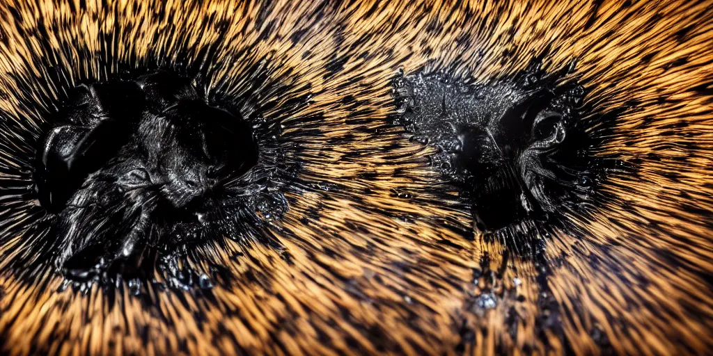 Image similar to a black lioness made of ferrofluid bathing inside the bathtub full of ferrofluid, covered in dripping ferrofluid. dslr, photography, realism, animal photography