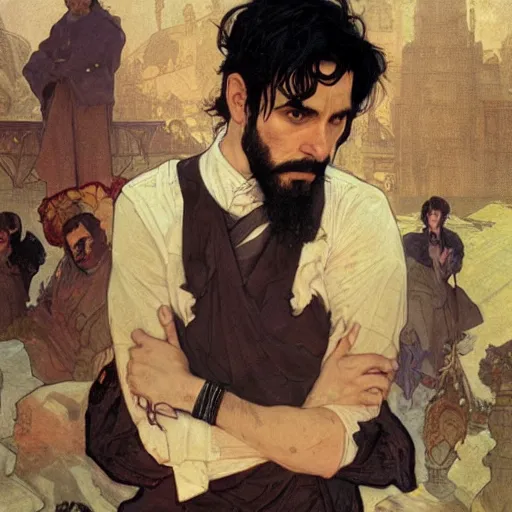 Image similar to portrait of a man with black hair and beard, looking directly into the camera, background is complete chaos, sharp focus, illustration, art by greg rutkowski and alphonse mucha''