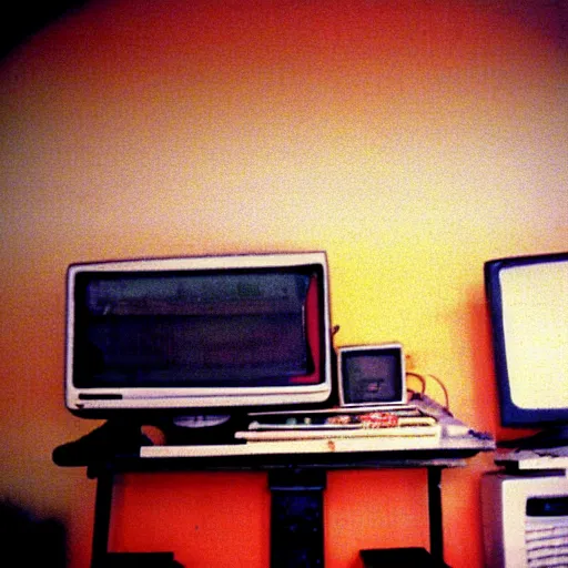 Image similar to low fidelity, low quality grainy image of a bright crt in a cluttered, claustrophobic orange room. the walls are closing in, the window to the digital soul stares intently. skeletons, tornados, sewers, computational prowess